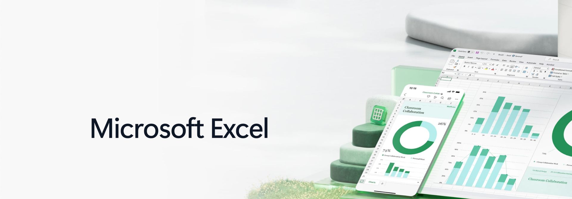 The Microsoft Excel wordmark beside a laptop and phone showing green bar and donut charts in an Excel workbook.