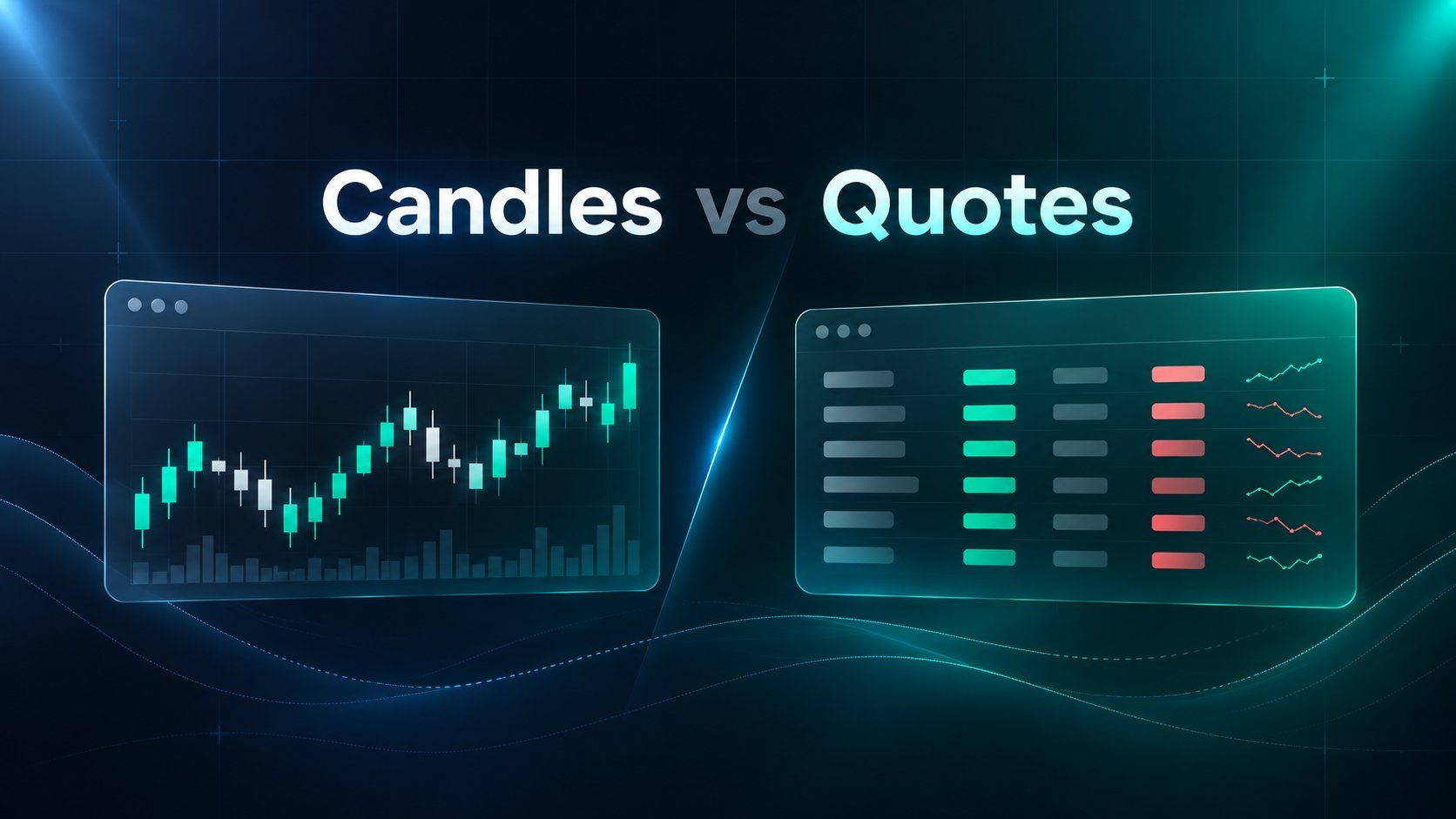CANDLES VS QUOTES in white and cyan above two windows: a green candlestick chart with a volume bar on the left and a quote table with green bid rows, red ask rows and sparklines on the right, on a dark navy grid.