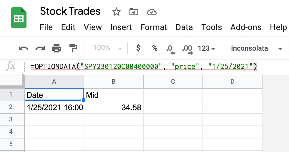 Google Sheets with =OPTIONDATA("SPY230120C00400000", "price", "1/25/2021") returning two columns — Date 1/25/2021 16:00 and Mid 34.58