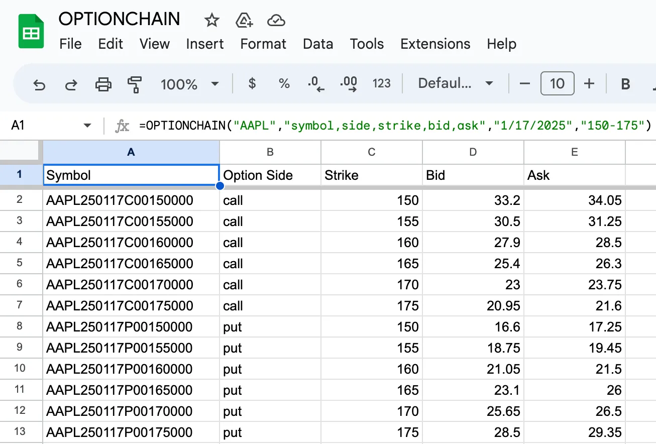 Google Sheets with =OPTIONCHAIN("AAPL","symbol,side,strike,bid,ask","1/17/2025","150-175") in cell A1, returning only the 150 to 175 strikes: six calls from 150 at bid 33.2 to 175 at bid 20.95, then six puts from 150 at bid 16.6 to 175 at bid 28.5
