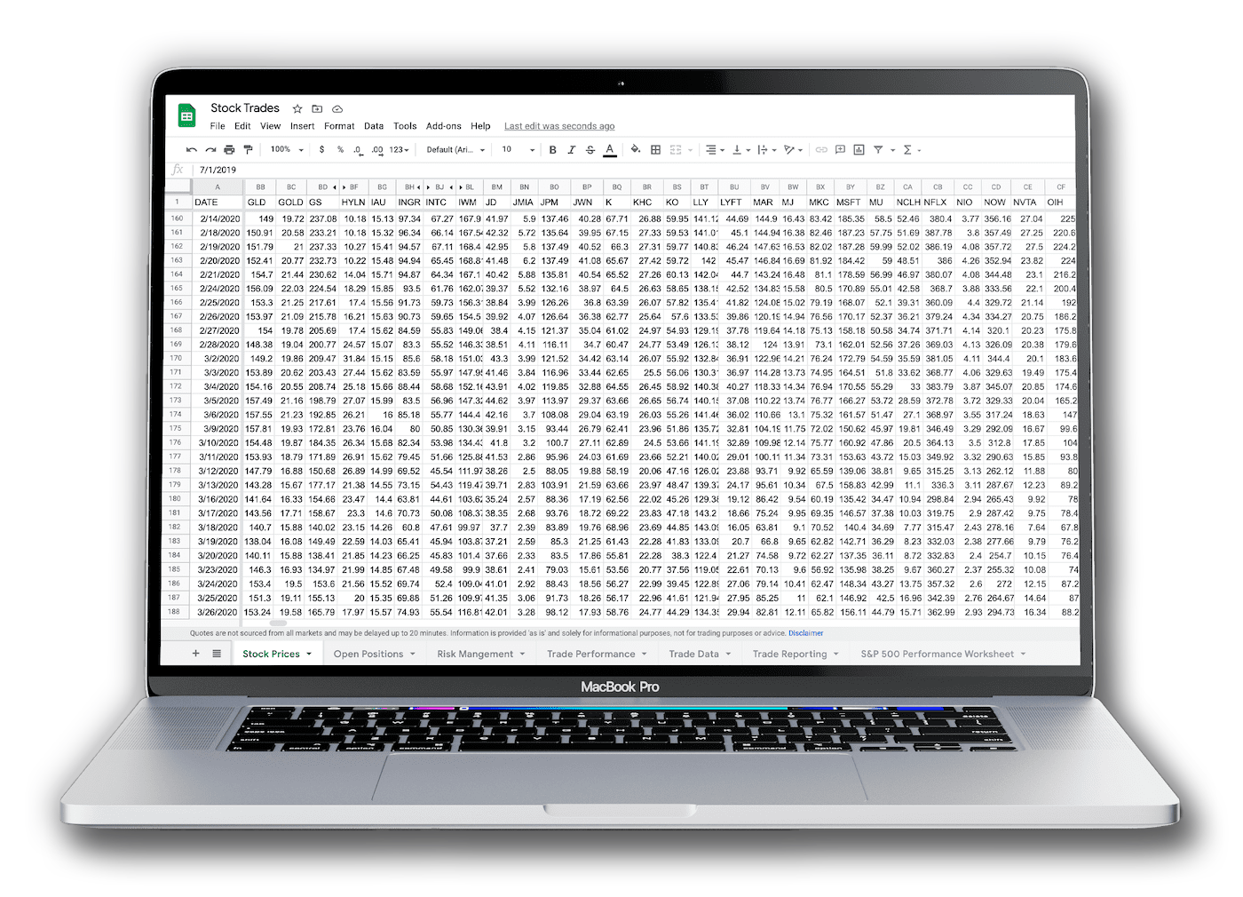 A MacBook Pro showing a Google Sheet titled Stock Trades, dense with dated price rows, its worksheet tabs running along the bottom