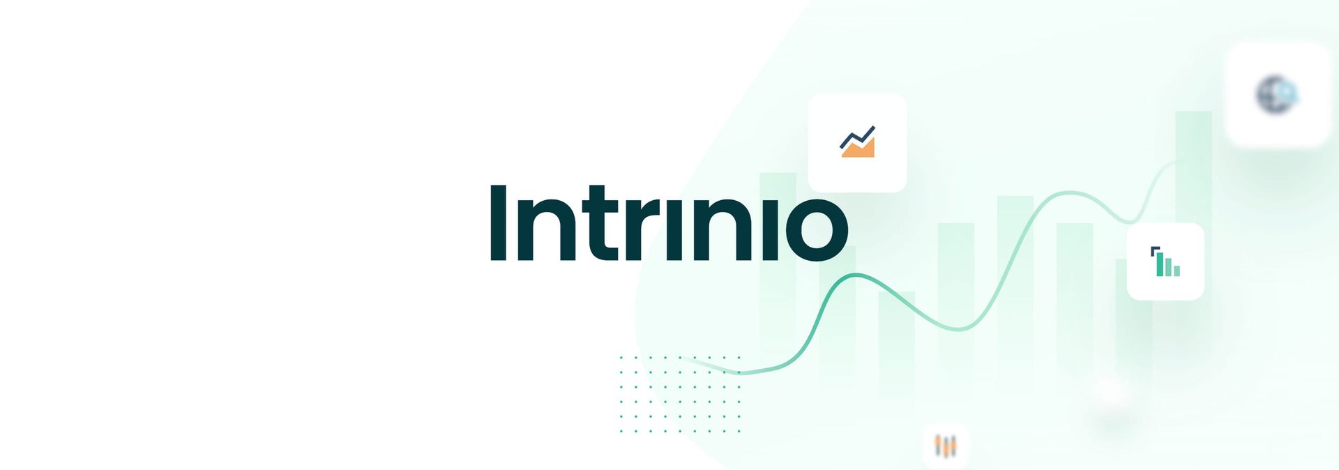The dark teal Intrinio wordmark on a pale green field, beside a rising green line and small chart icons.