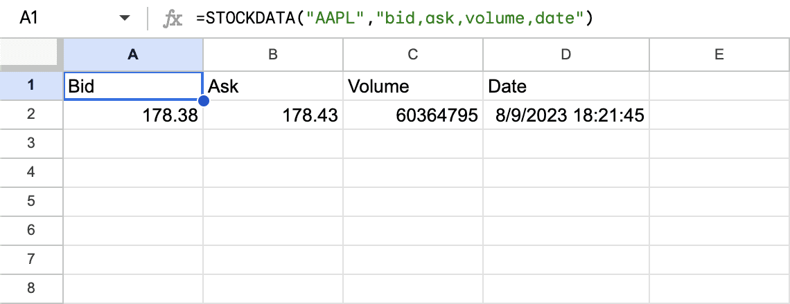 STOCKDATA real-time quote with a custom column configuration