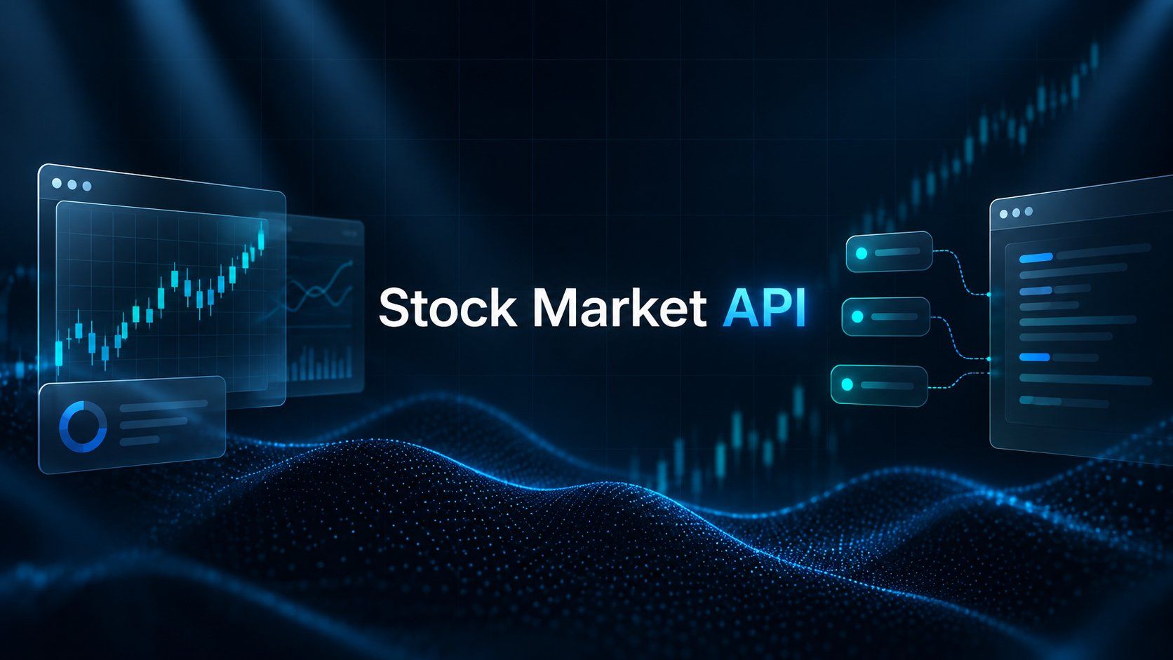 STOCK MARKET API in white and cyan lettering on dark navy, between a browser window with a rising candlestick chart on the left and three request rows wired to a code window on the right, over a blue particle wave.