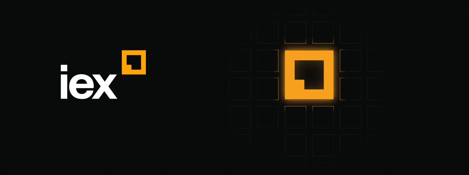 The IEX logo: the lowercase iex wordmark with its orange square mark, on a black grid background.